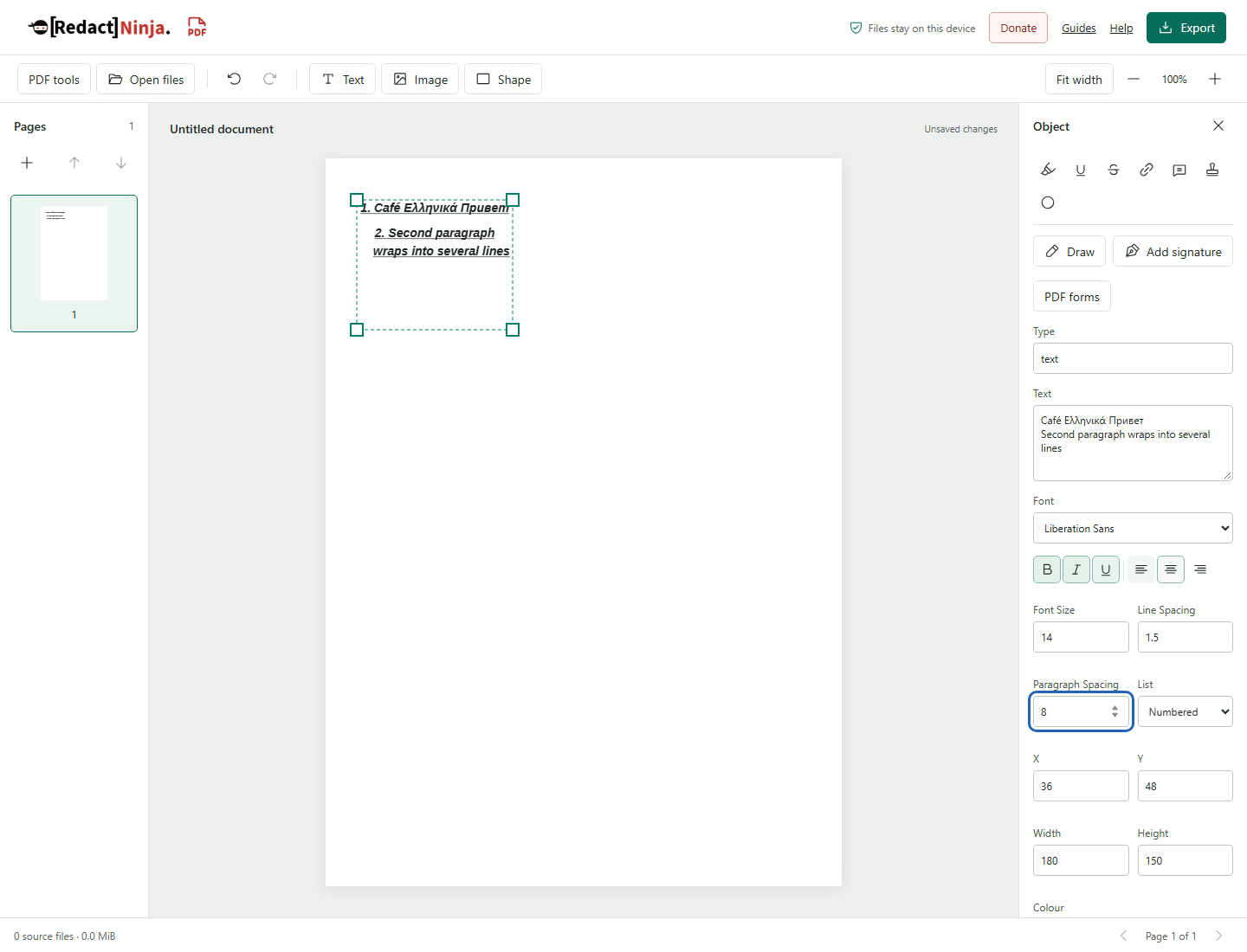 Added text with wrapping, font styles, spacing, lists and alignment. The sample is fictional.