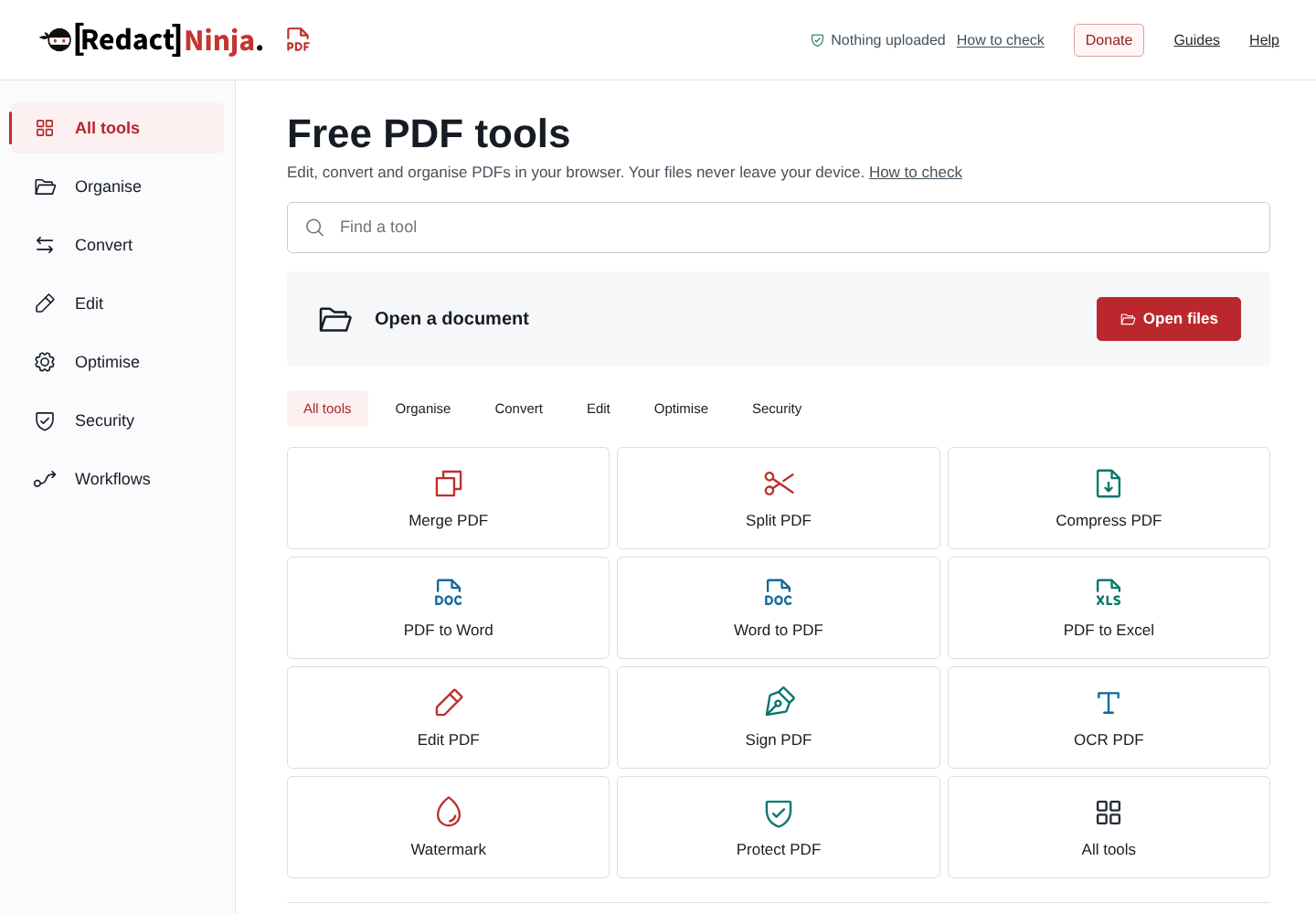 The PDF tool library, category navigation and search.