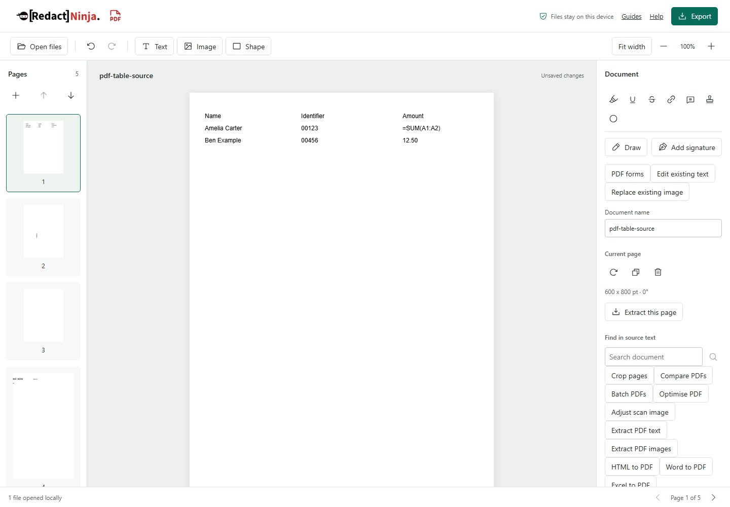 The page list, document preview and document tools. All sample information is fictional.