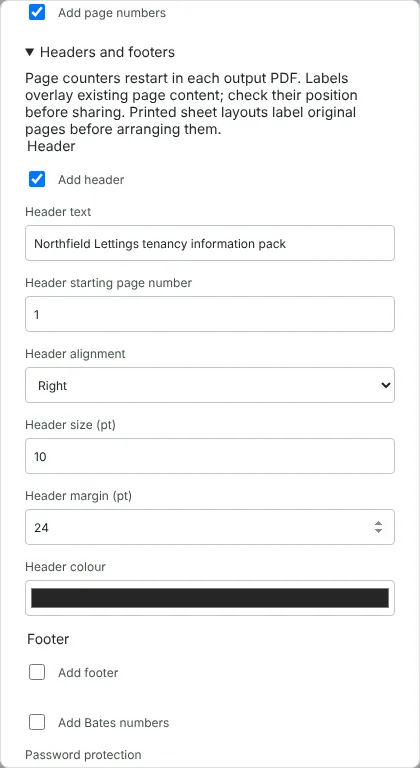 The RedactNinja export settings with Add page numbers ticked and a right-aligned header added for a fictional tenancy pack.