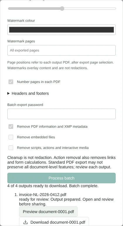 The Batch PDF processing dialog after a run, with page numbering and metadata removal ticked and the message 4 of 4 outputs ready to download. Batch complete, above the first fictional invoice in the results list.