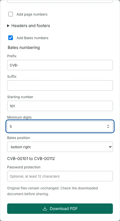 The Bates numbering settings with prefix CVB-, starting number 101, 5 minimum digits, bottom right position and a preview of CVB-00101 to CVB-00112.