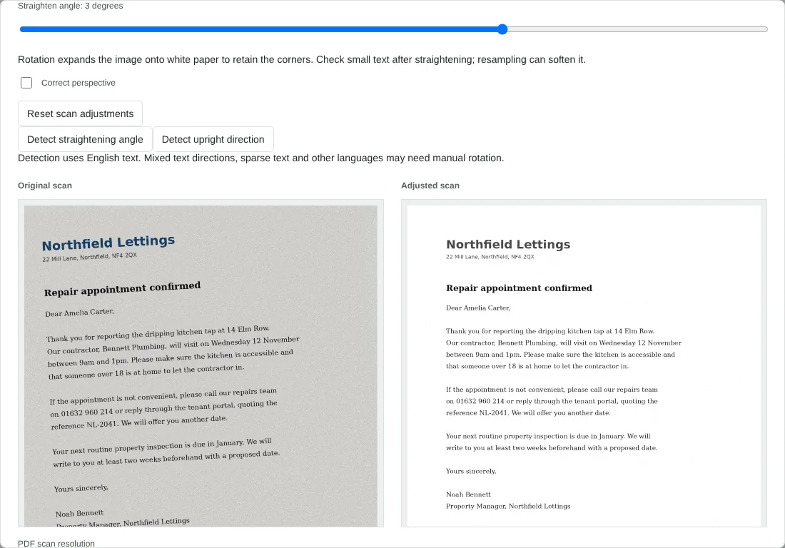 The Adjust scan image dialog with a straighten angle of 3 degrees applied, showing the tilted grey original scan of a fictional letter beside the straightened, greyscale adjusted version on white paper.