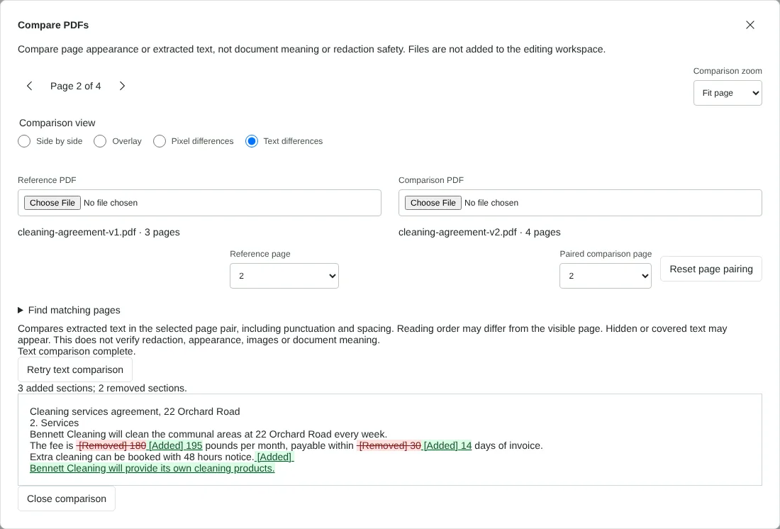 The Compare PDFs dialog showing text differences on page 2 of two fictional agreement versions, with removed and added words highlighted.