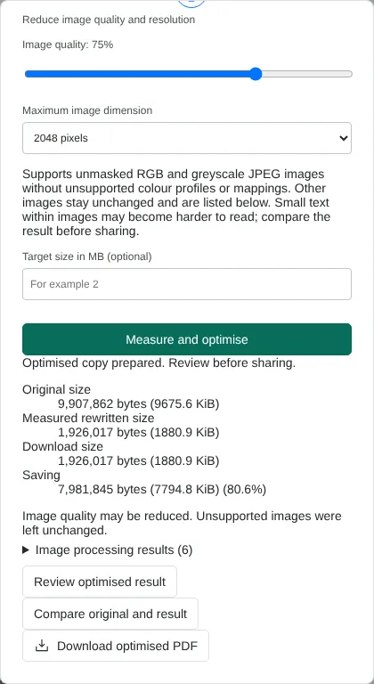 The Optimise PDF dialog with image quality at 75% and a maximum image dimension of 2048 pixels, showing an original size of 9,907,862 bytes, a download size of 1,926,017 bytes and a saving of 80.6%.