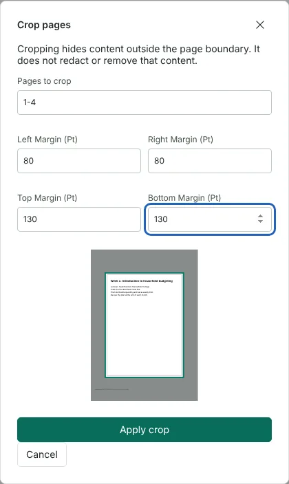 The Crop pages dialog with pages 1-4 selected, 80 point side margins, 130 point top and bottom margins and a shaded preview of a fictional handout page.