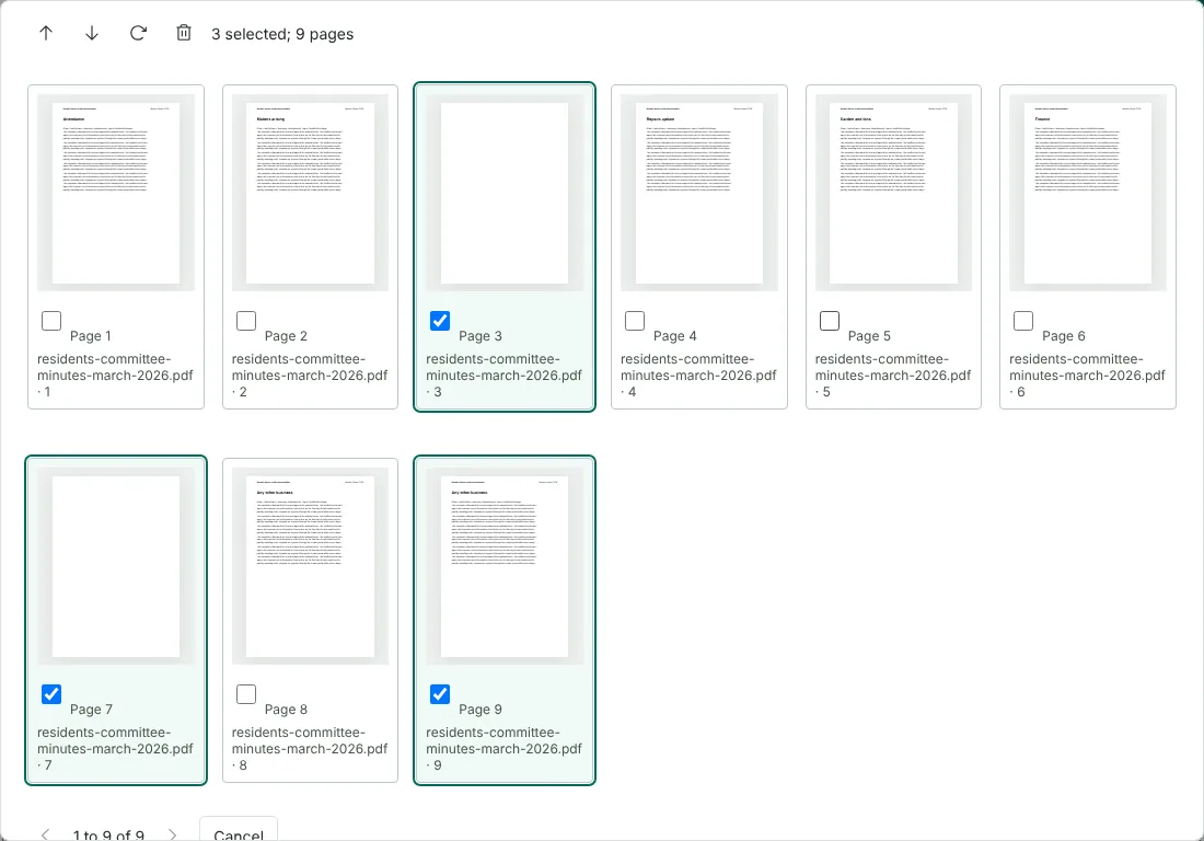 The Organise pages dialog showing nine thumbnails of fictional committee minutes, with blank pages 3 and 7 and duplicate page 9 ticked and the status 3 selected; 9 pages.