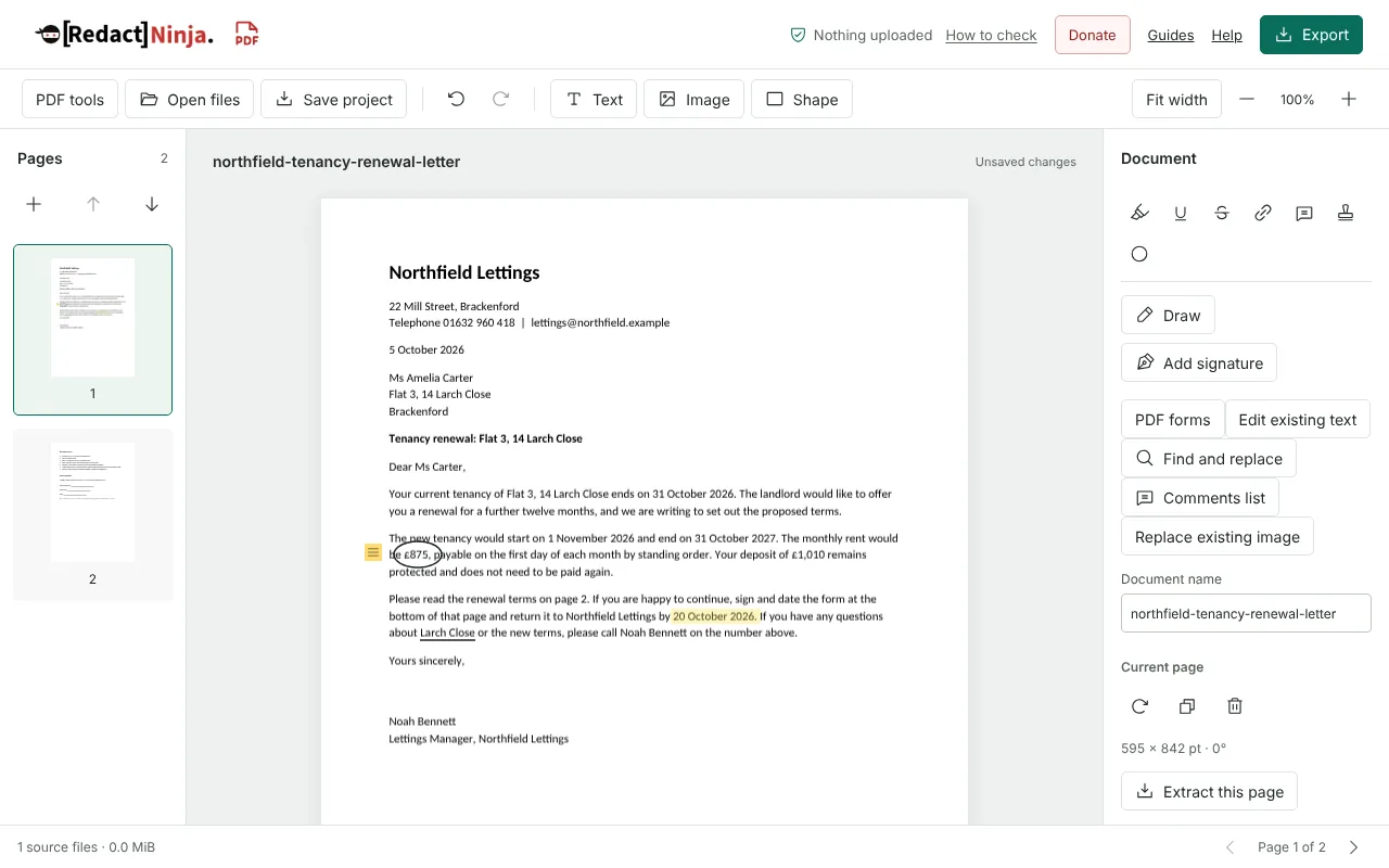 The PDF editor showing a fictional Northfield Lettings letter with a hand-drawn loop around the rent, a yellow highlight on the reply deadline, an underlined street name and a comment icon in the margin.