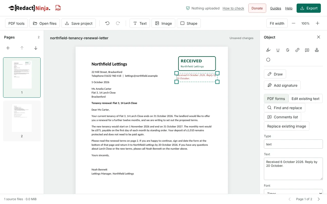 The PDF editor showing page 1 of a fictional Northfield Lettings letter with an added RECEIVED stamp image and a selected red italic text box, with its text settings in the side panel.
