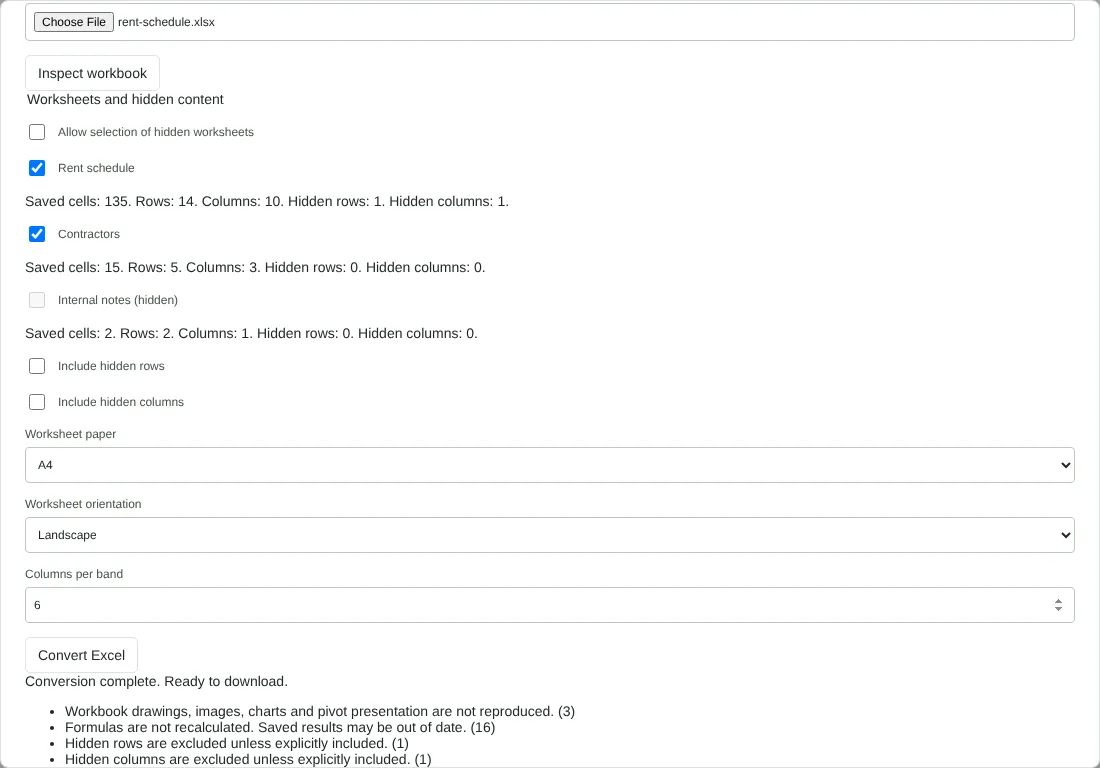 The Excel to PDF dialog after inspecting rent-schedule.xlsx, with Rent schedule and Contractors ticked, the hidden Internal notes sheet greyed out, and paper, orientation and columns per band settings.
