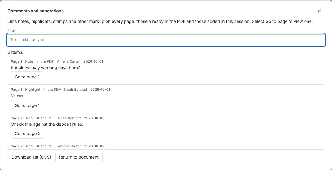 The Comments and annotations dialog listing notes and a highlight from two fictional reviewers, with page, type, author and date for each.