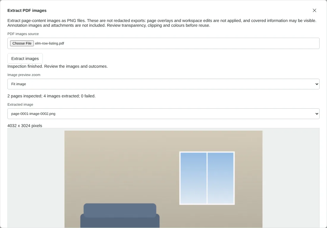The Extract PDF images dialog after inspecting a fictional 2-page property listing, showing 4 images extracted, page-0001-image-0002.png selected at 4032 x 3024 pixels and a preview of a room photo.