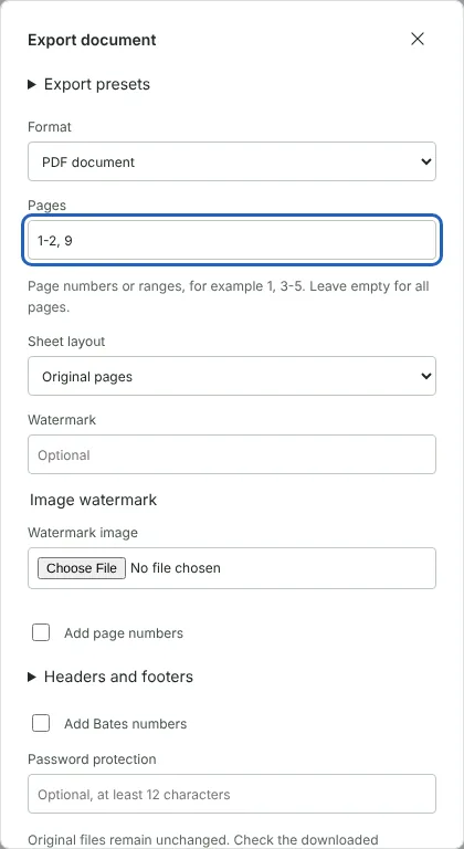 The Export document dialog with Format set to PDF document and Pages set to 1-2, 9, opened for a fictional 12-page staff handbook.