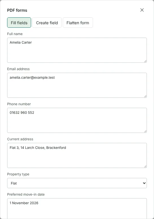 The PDF forms dialog in Fill fields mode, showing text boxes filled in with a fictional applicant's name, email, phone number, address, property type and move-in date.