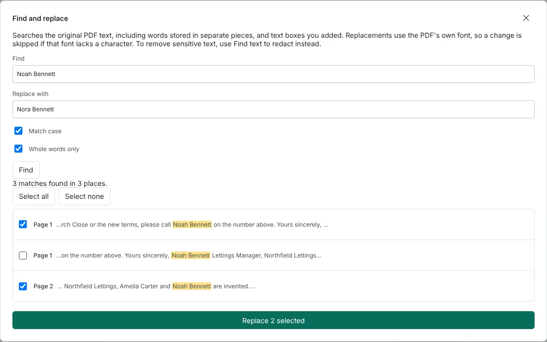 The Find and replace dialog searching a fictional letter for Noah Bennett to replace with Nora Bennett, with Match case and Whole words only ticked and three matches listed, one of them unticked.