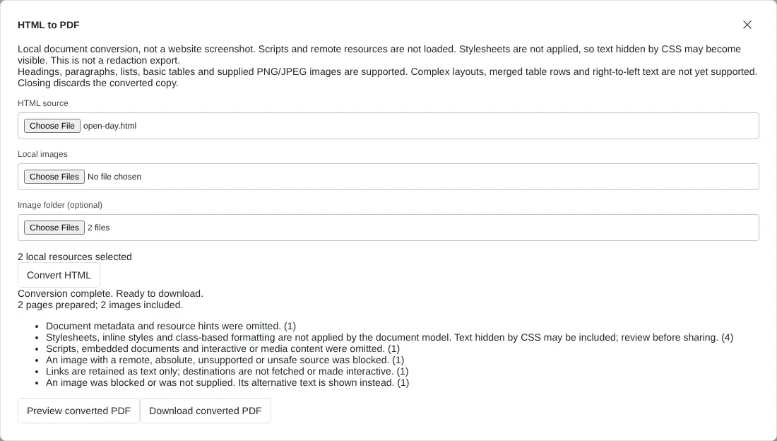 The HTML to PDF dialog with open-day.html selected, an images folder of 2 files added, and the result showing 2 pages prepared, 2 images included and warnings about stylesheets, scripts, a blocked remote image and links.