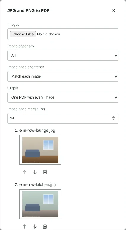The JPG and PNG to PDF dialog with three fictional room photos listed in page order, A4 paper size, Match each image orientation, one PDF output and a 24 pt margin.