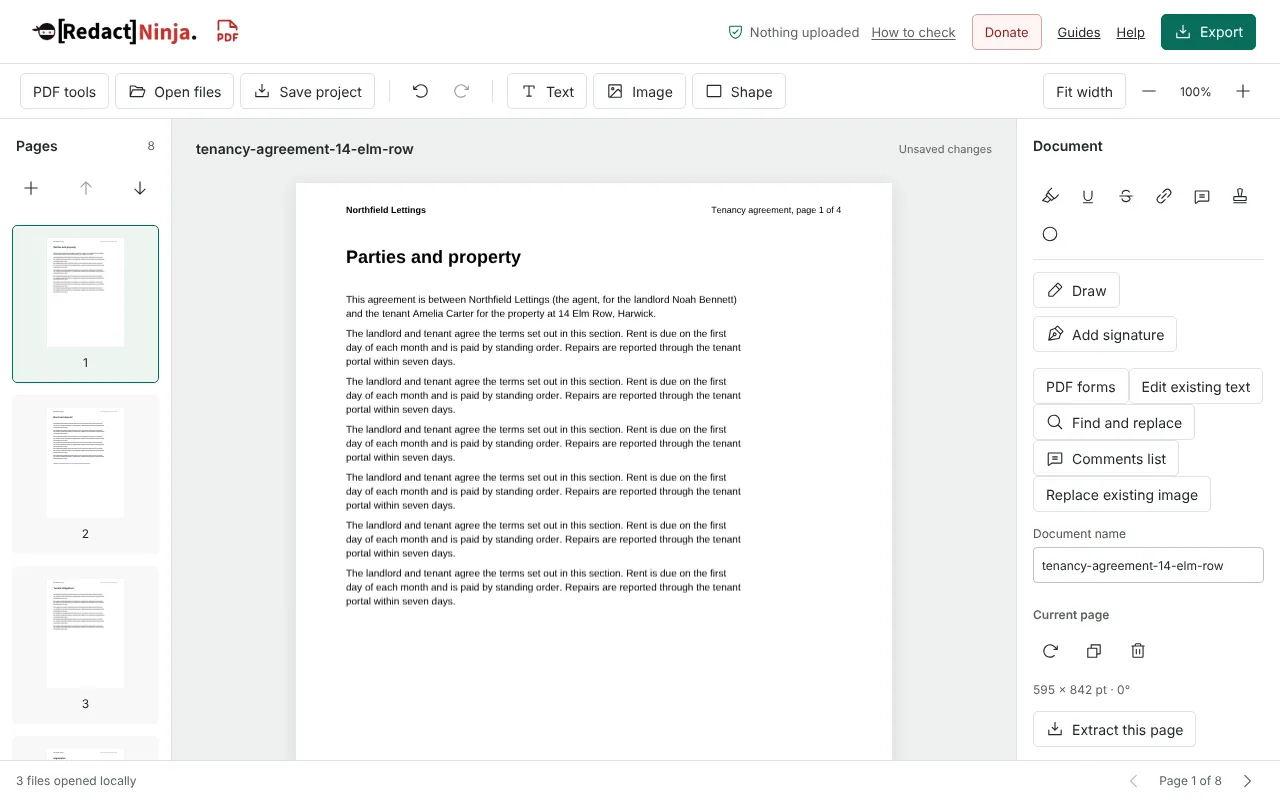 The RedactNinja PDF editor after merging three fictional files, with the page list showing 8 pages and page 1 of a Northfield Lettings tenancy agreement open.