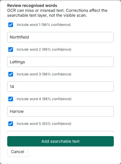The Review recognised words dialog listing the first words of a fictional Northfield Lettings letter, each with a tick box, a confidence score and an editable text box.
