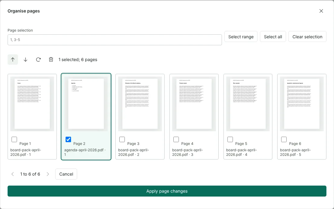 The Organise pages dialog showing six thumbnails from two fictional files, with the agenda from a second PDF ticked and moved to page 2 of the board pack.
