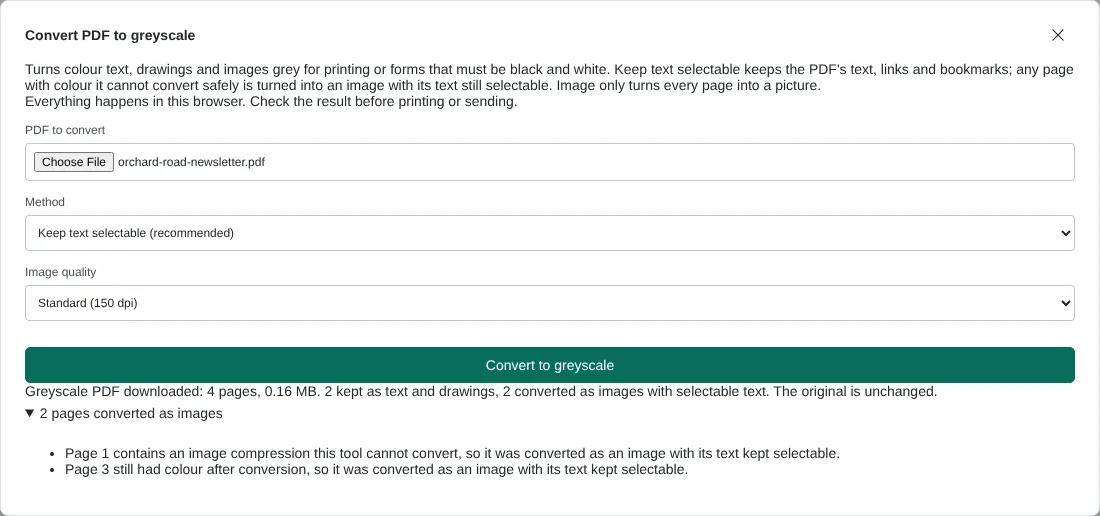 The Convert PDF to greyscale dialog after converting a fictional newsletter, showing the result and the two pages converted as images.