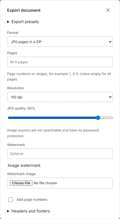 The Export document dialog with JPG pages in a ZIP selected, all 4 pages, 150 dpi resolution and the JPG quality slider at 90%.
