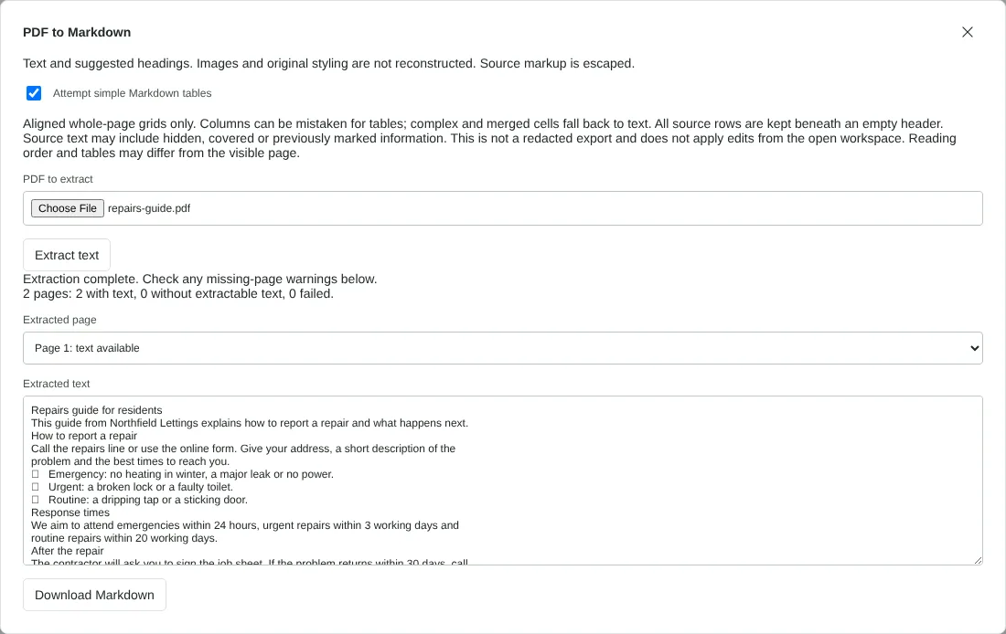 The PDF to Markdown dialog with repairs-guide.pdf extracted, Attempt simple Markdown tables ticked, 2 pages with text reported and page 1 text shown before download.