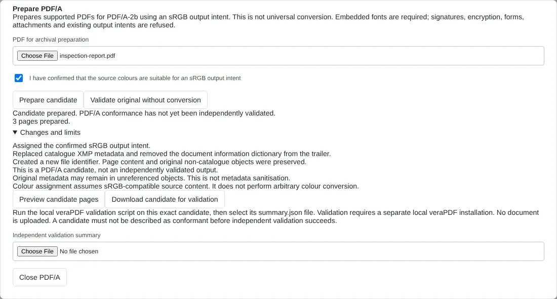 The Prepare PDF/A dialog after preparing a fictional three-page inspection report, showing 3 pages prepared, the list of changes and limits, and the Download candidate for validation button.