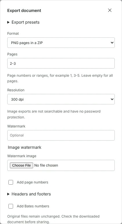 The Export document dialog with PNG pages in a ZIP selected, the page range set to 2-3 and the resolution set to 300 dpi.