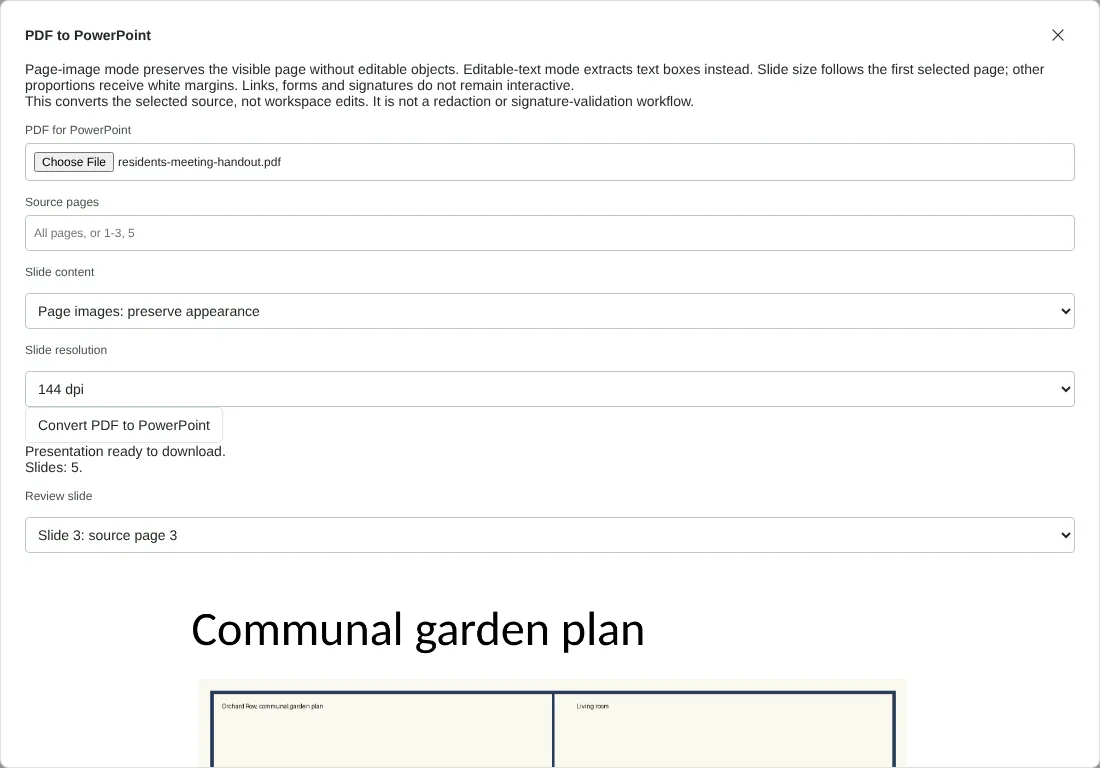 The PDF to PowerPoint dialog with residents-meeting-handout.pdf selected, Page images and 144 dpi chosen, 5 slides created and slide 3 previewed showing a communal garden plan.