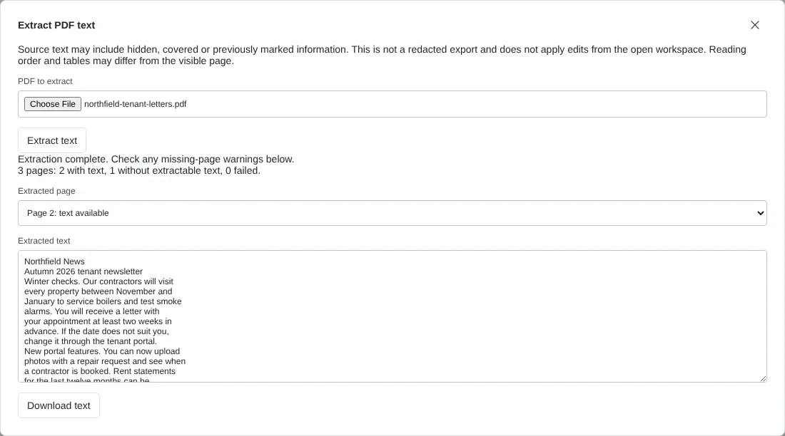 The Extract PDF text dialog after extracting a fictional 3-page PDF, showing the summary of 2 pages with text and 1 without, page 2 selected and its newsletter text in the preview box.