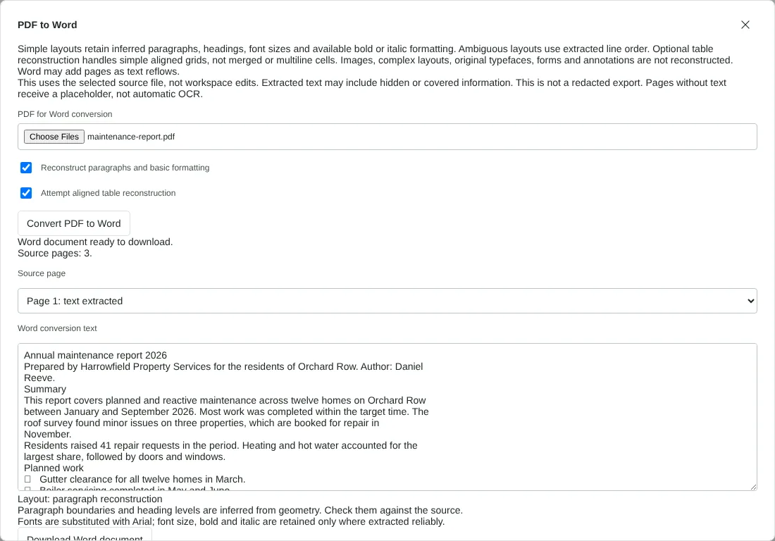 The PDF to Word dialog with maintenance-report.pdf selected, both reconstruction options ticked, page 1 text shown and the layout reported as paragraph reconstruction.