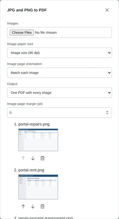 The JPG and PNG to PDF dialog with three fictional tenant portal PNG files listed, the paper size set to Image size (96 dpi) and the margin set to 0.