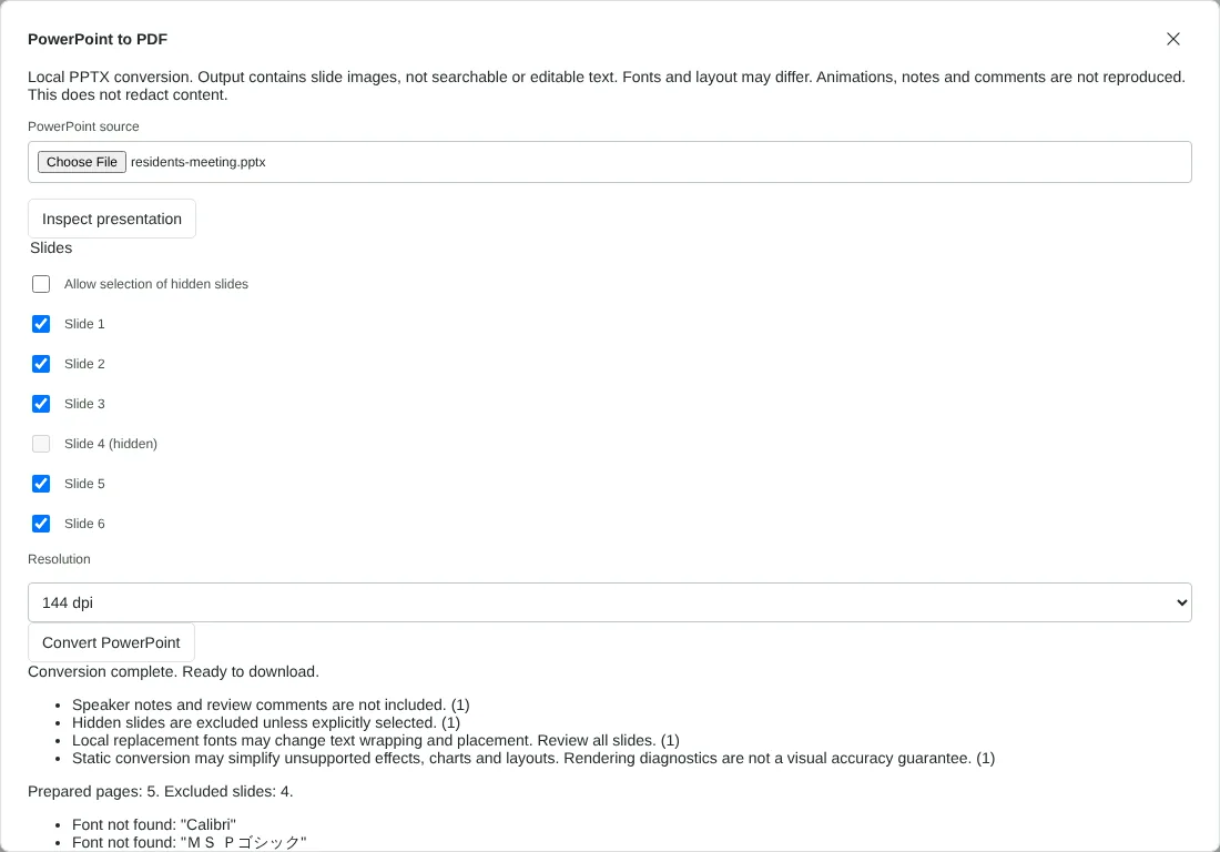 The PowerPoint to PDF dialog after inspecting residents-meeting.pptx, with slides 1, 2, 3, 5 and 6 ticked, hidden slide 4 greyed out, 144 dpi resolution and the conversion warnings.