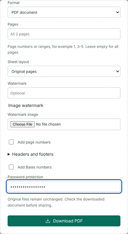 The Export document dialog with a masked password entered under Password protection and the Download PDF button below it.