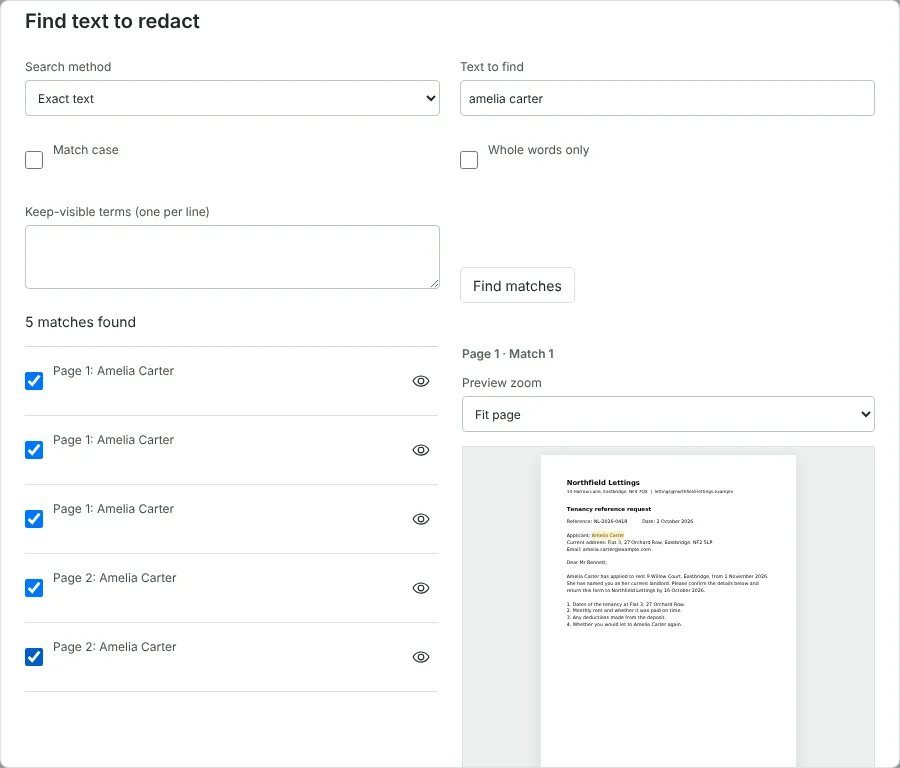 The Find text to redact dialog showing five ticked matches for the fictional name Amelia Carter on pages 1 and 2, with a highlighted preview of the first match on the page.