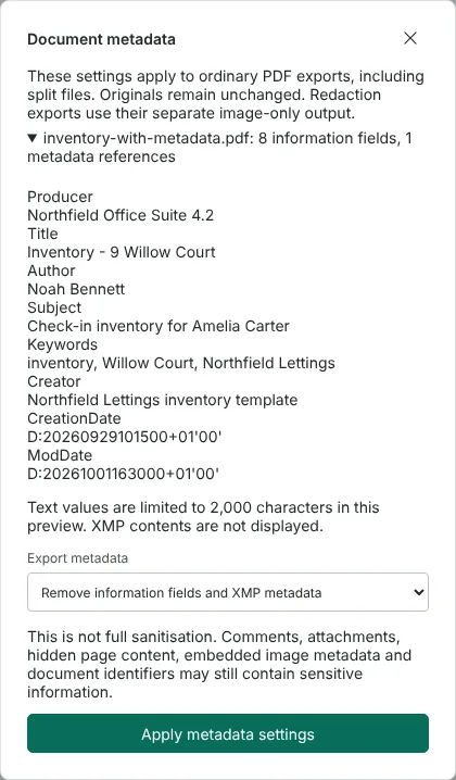 The Document metadata dialog listing eight information fields from a fictional inventory, including the author Noah Bennett, with Remove information fields and XMP metadata selected.