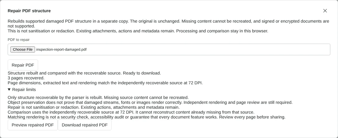 The Repair PDF structure dialog after repairing a fictional damaged inspection report, showing 3 pages recovered, the repair limits and buttons to preview or download the repaired PDF.