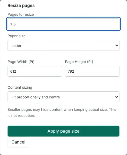 The Resize pages dialog with pages 1-5 selected, Letter paper size of 612 by 792 points and Fit proportionally and centre chosen.