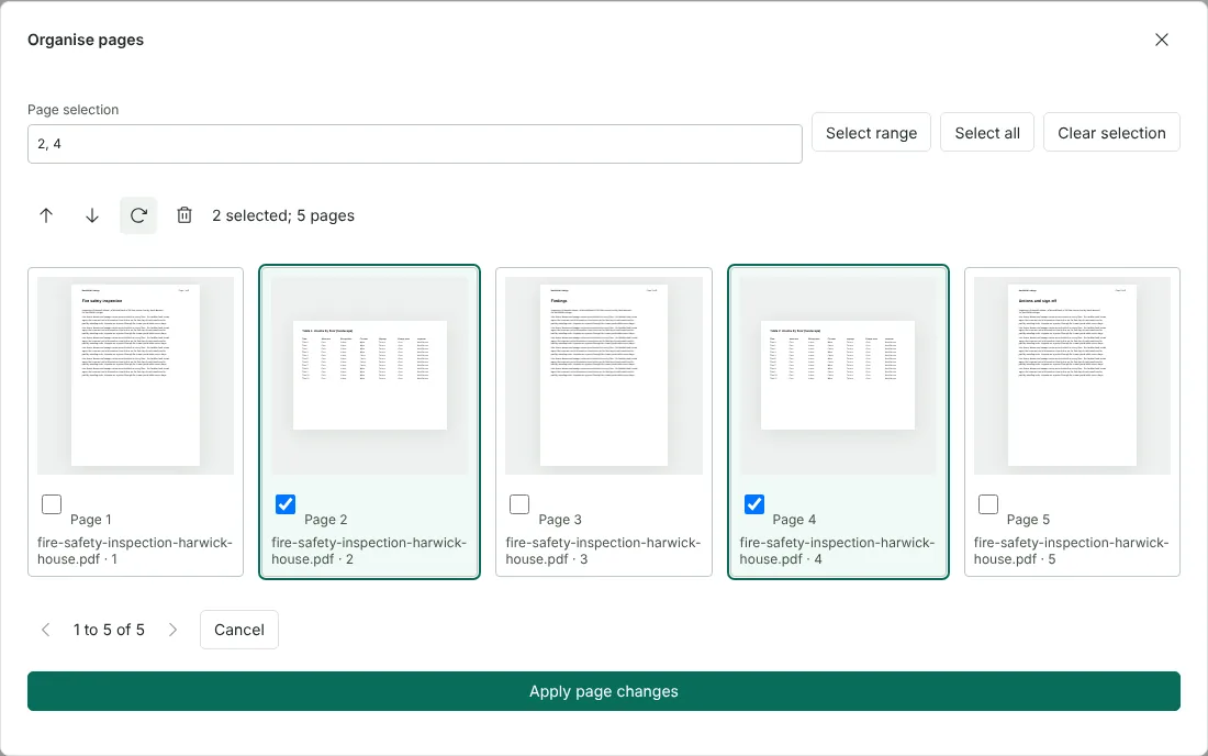 The Organise pages dialog showing five thumbnails of a fictional inspection report, with pages 2 and 4 ticked and shown turned to landscape after rotation.