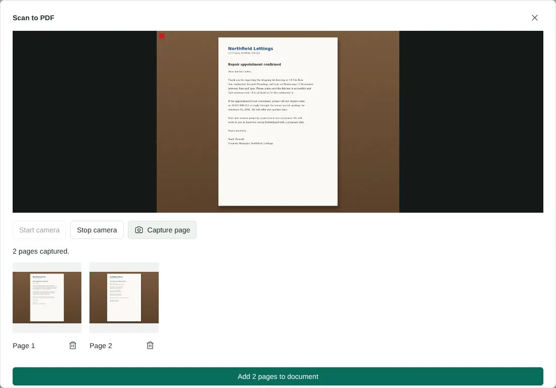 The Scan to PDF dialog with a live camera preview of a fictional letter on a desk, the Start, Stop and Capture page buttons, two captured page thumbnails and the Add 2 pages to document button.