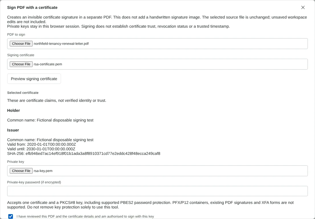The Sign PDF with a certificate dialog with a fictional letter, a disposable test certificate and key selected, the certificate details shown and the authorisation box ticked.