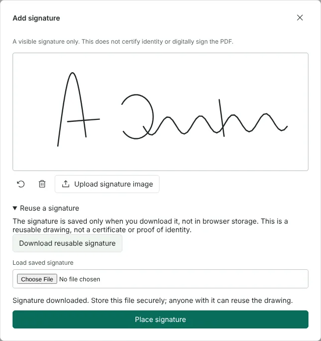 The Add signature dialog with a fictional handwritten-style signature drawn on the pad, the Reuse a signature section open and a Place signature button.