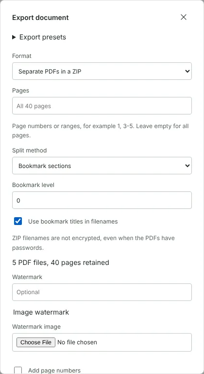 The Export document dialog with Separate PDFs in a ZIP selected, Split method set to Bookmark sections at level 0, bookmark titles in filenames ticked and a summary of 5 PDF files, 40 pages retained.
