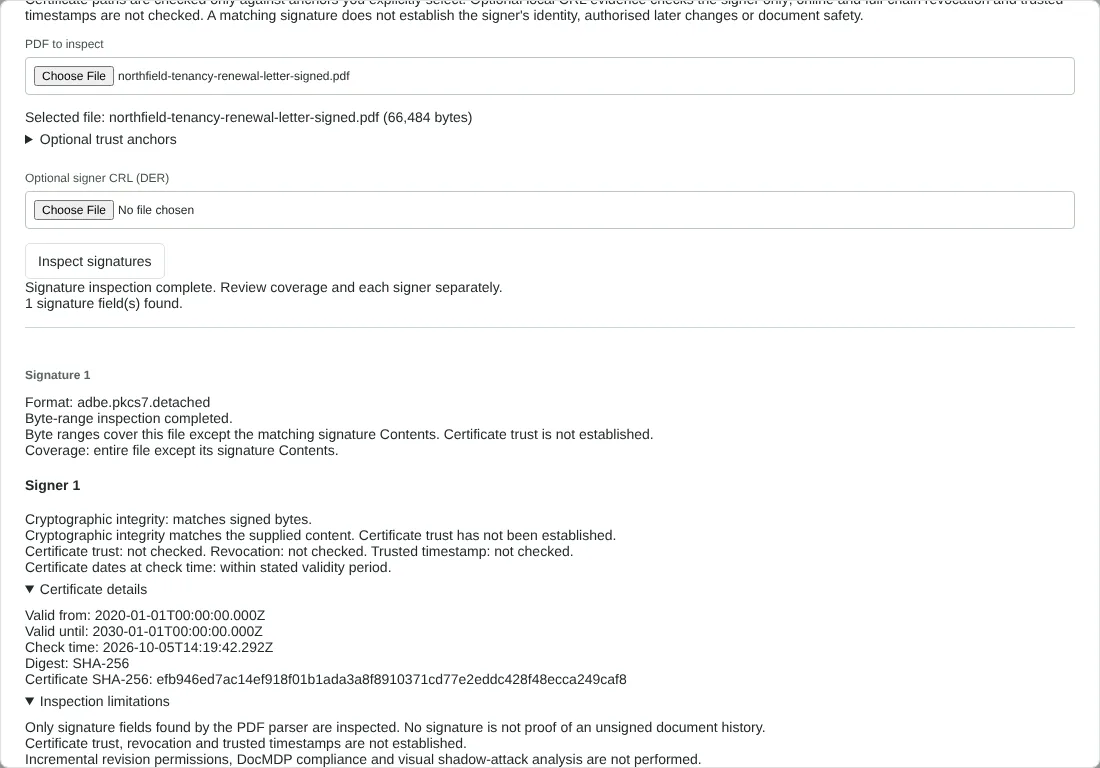 The Inspect PDF signatures dialog showing one signature in adbe.pkcs7.detached format with full coverage, cryptographic integrity matching and certificate trust not checked, for a fictional signed letter.