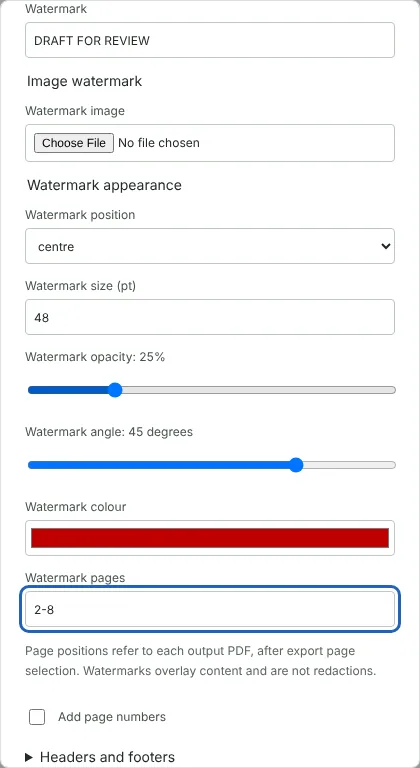 The watermark settings with the text DRAFT FOR REVIEW, size 48 points, 25% opacity, 45 degree angle, dark red colour and pages 2-8.