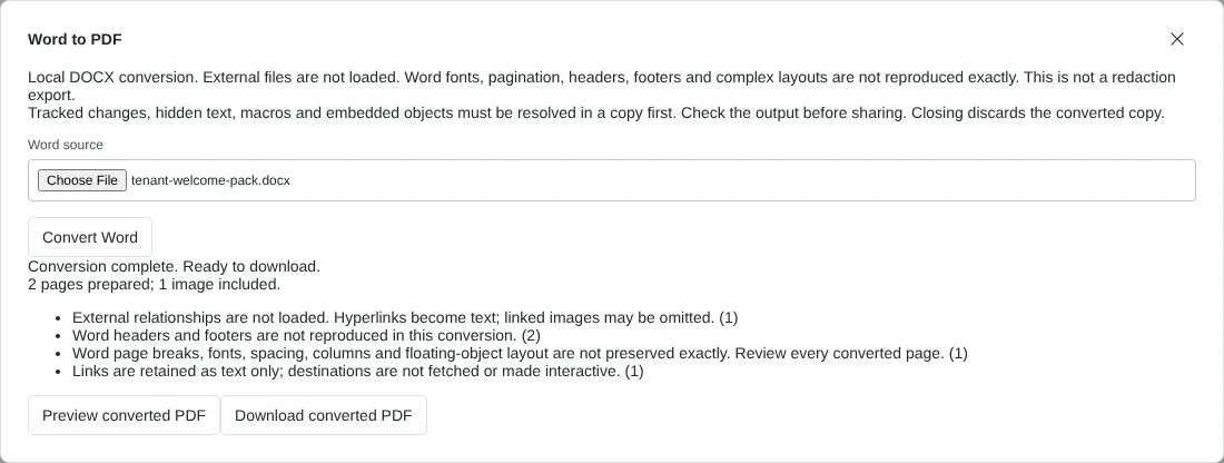 The Word to PDF dialog after converting tenant-welcome-pack.docx, showing 2 pages prepared, 1 image included and four warnings about links, headers and footers, and layout.